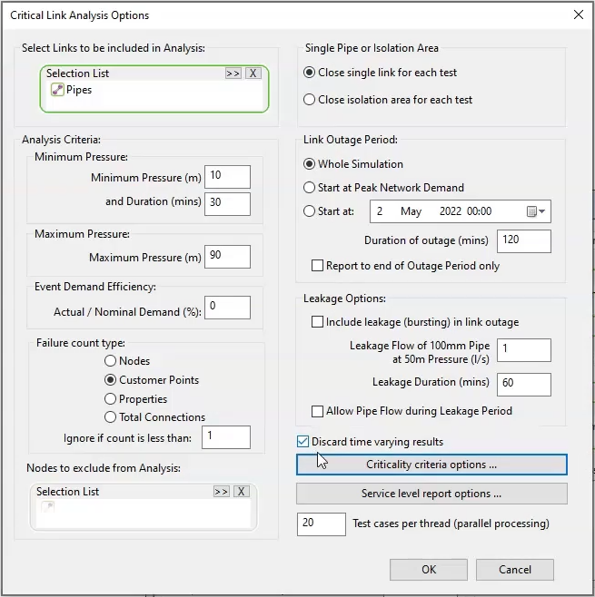 The Critical Link Analysis Options dialog box displays the parameters set.