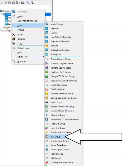 In the Model Group, Calibration Model model group shortcut, New > Run Group is selected.