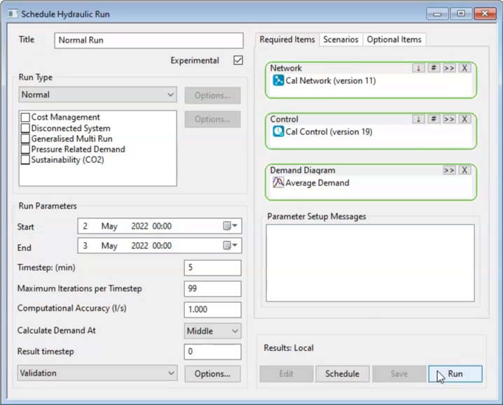 The Schedule Hydraulic Run dialog box displays with parameters set.