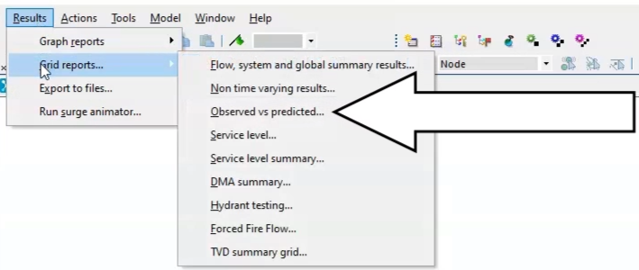 From the Results menu, Grid Reports is selected and Observed vs predicted… is highlighted.