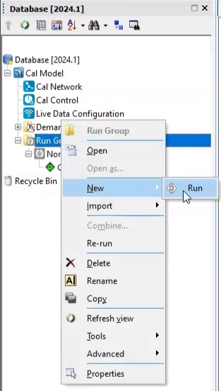 In the Model Group, Run Group shortcut menu, New and Run are selected.