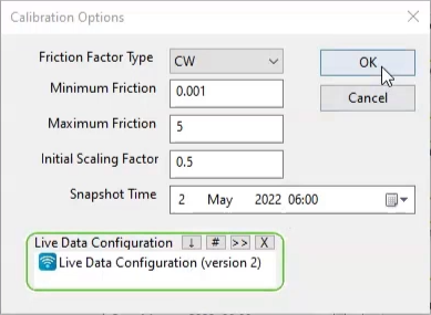 The Calibration Options dialog box, showing all parameters set for this exercise.