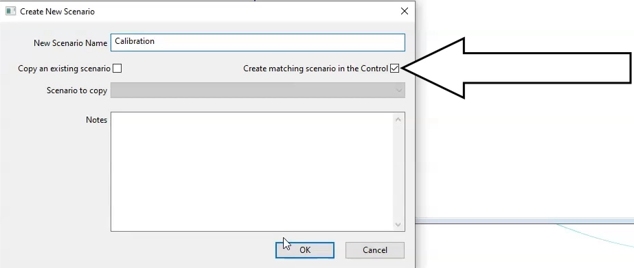 In the Create New Scenario dialog box, the scenario is named Calibration and Create matching scenario in Control is enabled and highlighted.