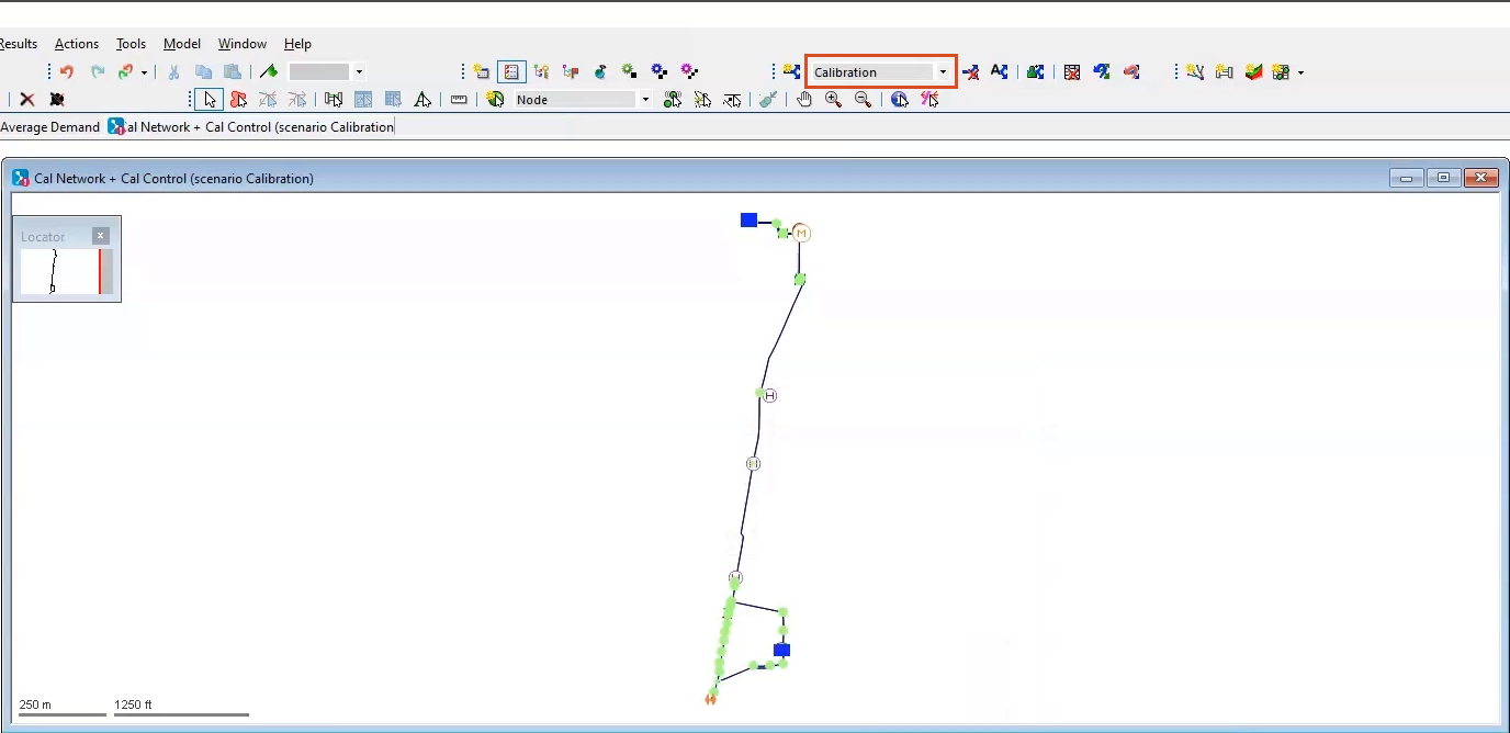 Part of the WS Pro interface, with the Calibration scenario showing in the toolbar, and the Cal Network and Cal Control showing in the GeoPlan.