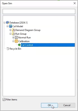 The Open Sim dialog box, with Cal Control selected, the Filter items option enabled, and OK being selected.