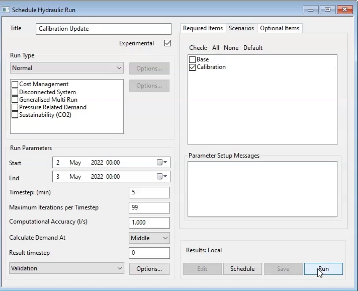 In the Schedule Hydraulic Run dialog box, all parameters are set.