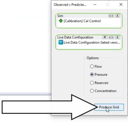 In the Observed v Predicted dialog box, all parameters are set, and Produce Grid is highlighted.