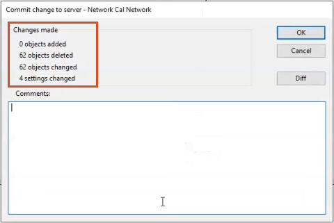 The Commit change to server – Network Cal Network dialog box, showing the final number of changes made, including 62 objects deleted, 62 objects changed, and 4 settings changed.