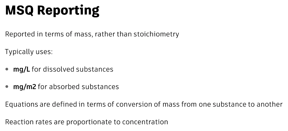 A presentation slide displays information on typical uses of MSQ reporting, how equations are defined, and reaction rates.