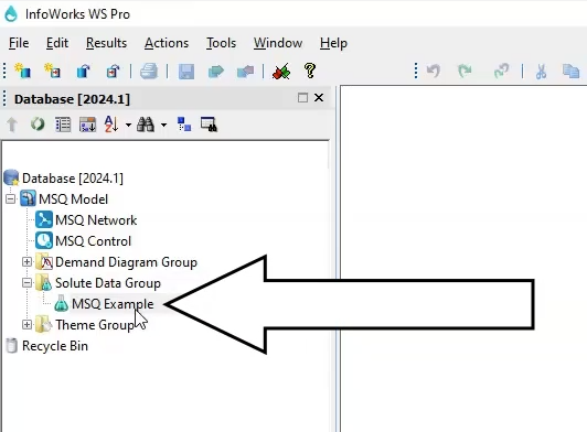 The InfoWorks WS Pro interface, Model Group, with the newly created MSQ Example solute object selected and called out.