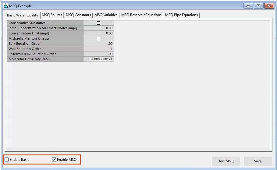 In the MSQ Example dialog box, Basic Water Quality tab, Enable Basic is deselected and Enable MSQ is selected.