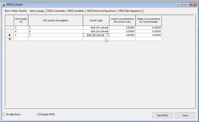 The MSQ Example dialog box, MSQ Solutes tab, with Bulk (Dissolved) selected in the Solute Type column for solutes A, B and C.