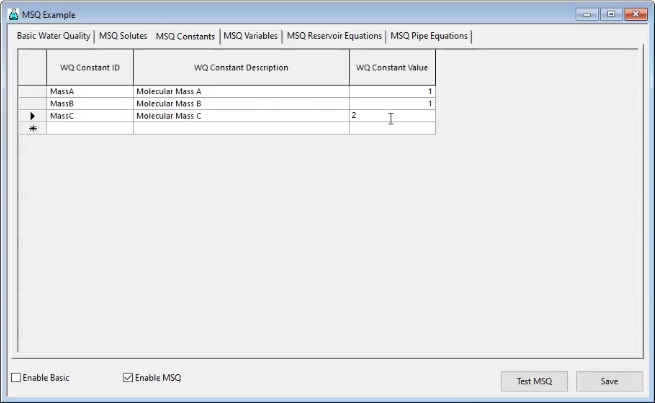 In the MSQ Example dialog box, MSQ Constants tab, three constant IDs, descriptions, and values are entered in the table.