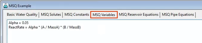 In the MSQ Example dialog box, the MSQ Variables tab with the script from MSQ_Variable.txt copied and pasted into the text box.