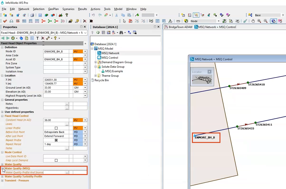 In the InfoWorks WS Pro interface, Fixed Head Properties window the Water Quality (MSQ) section expanded and highlighted in red; and in the GeoPlan, the MSQ Network open with the fixed head highlighted in red.