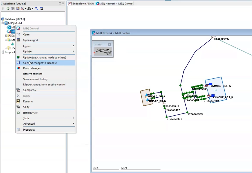 In the Model Group, the MSQ Control shortcut menu is expanded with Commit changes to database selected; and the MSQ Network is open on the GeoPlan.