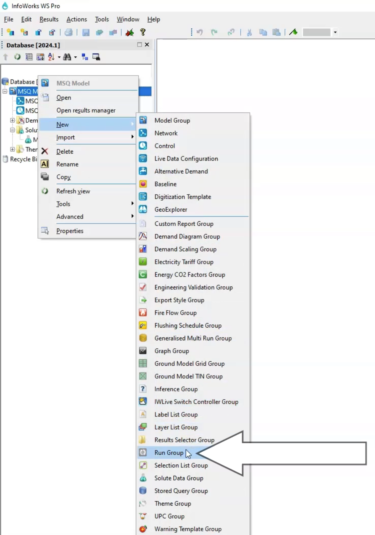 In the InfoWorks WS Pro interface, Model Group, the MSQ Model shortcut menu with New selected, and in the flyout, Run Group selected.