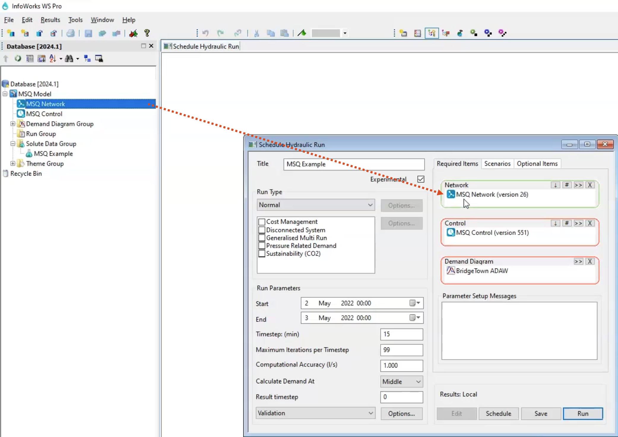 In the InfoWorks WS Pro interface, a red arrow shows the path of the MSQ Network from the Model Group to the Network box of the Schedule Hydraulic Run dialog box, where the Control and Demand diagram boxes are also populated.