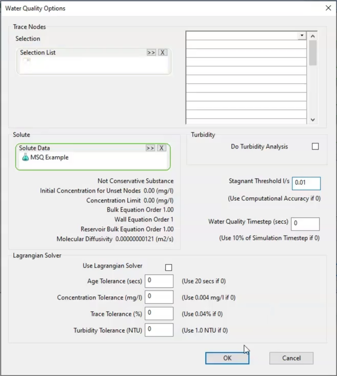 In the Water Quality Options dialog box, MSQ Example is added to the Solute Data box, and the Stagnant Threshold is set.