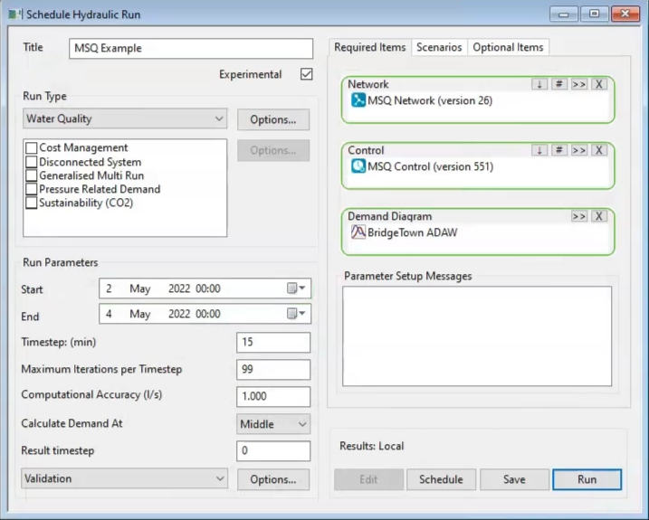 In the Schedule Hydraulic Run dialog box, the parameters are set for the MSQ Example water quality run.