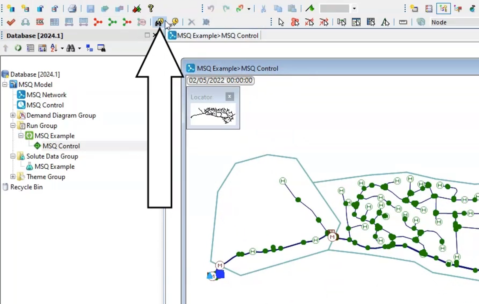 The MSQ Control results open on the GeoPlan and in the Operations toolbar, the Find network objects tool selected and called out.