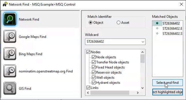 In the Network Find dialog box, the Node ID is entered, and Select and find is selected.