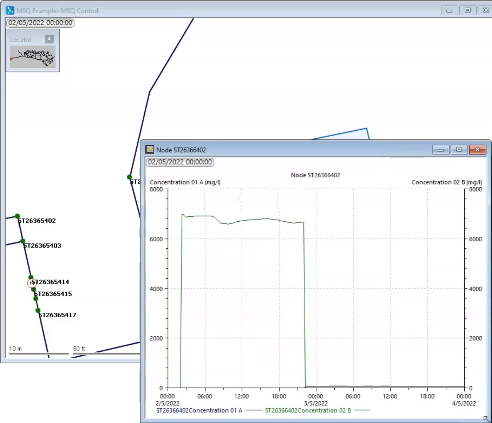 A results graph of the concentrations (mg/l) of contaminants A and B over the two month simulation period at the point below the reservoir; and behind, the zoomed-in GeoPlan.