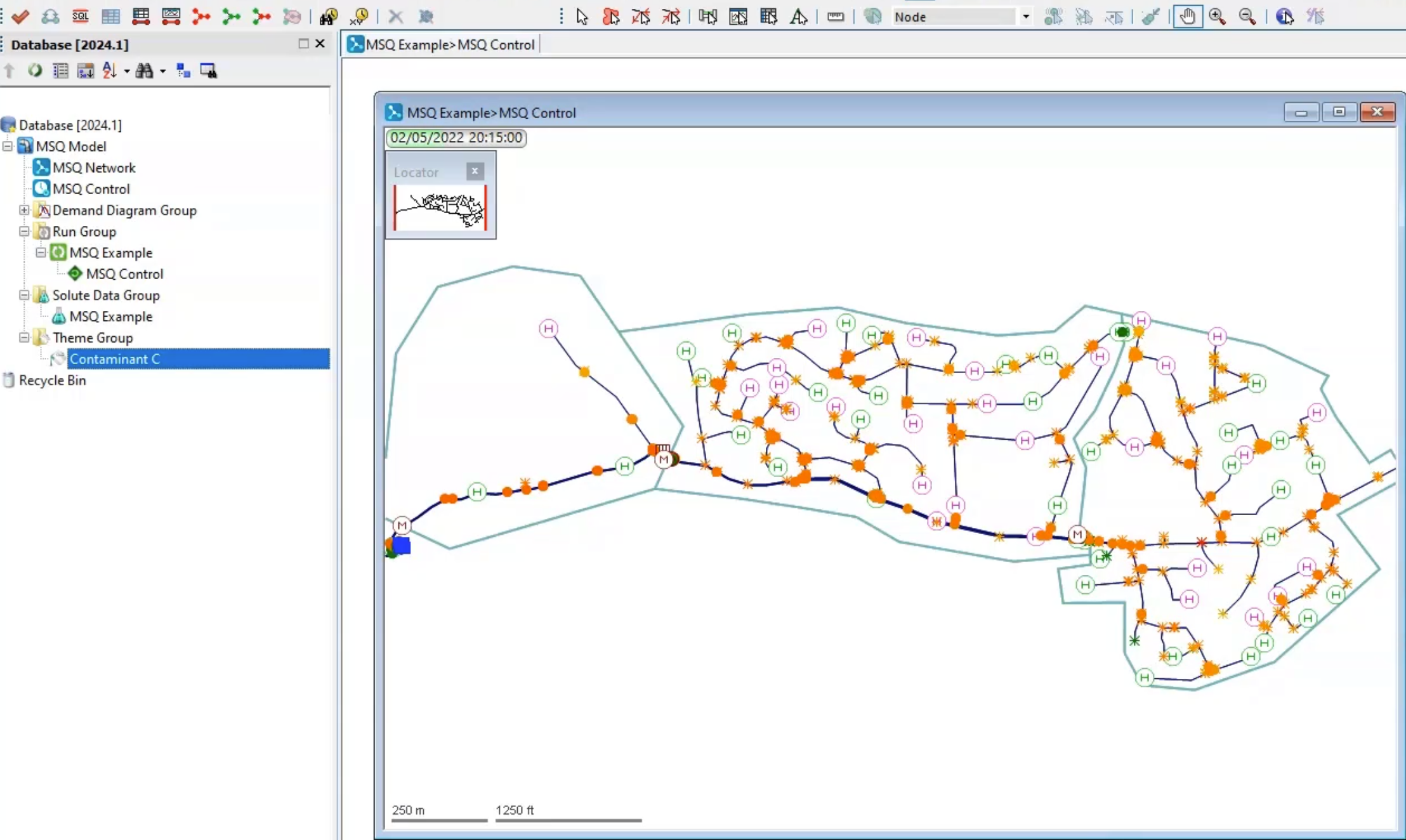 The Contaminant C theme open and playing on the GeoPlan to simulate the movement of Contaminant C through the network.