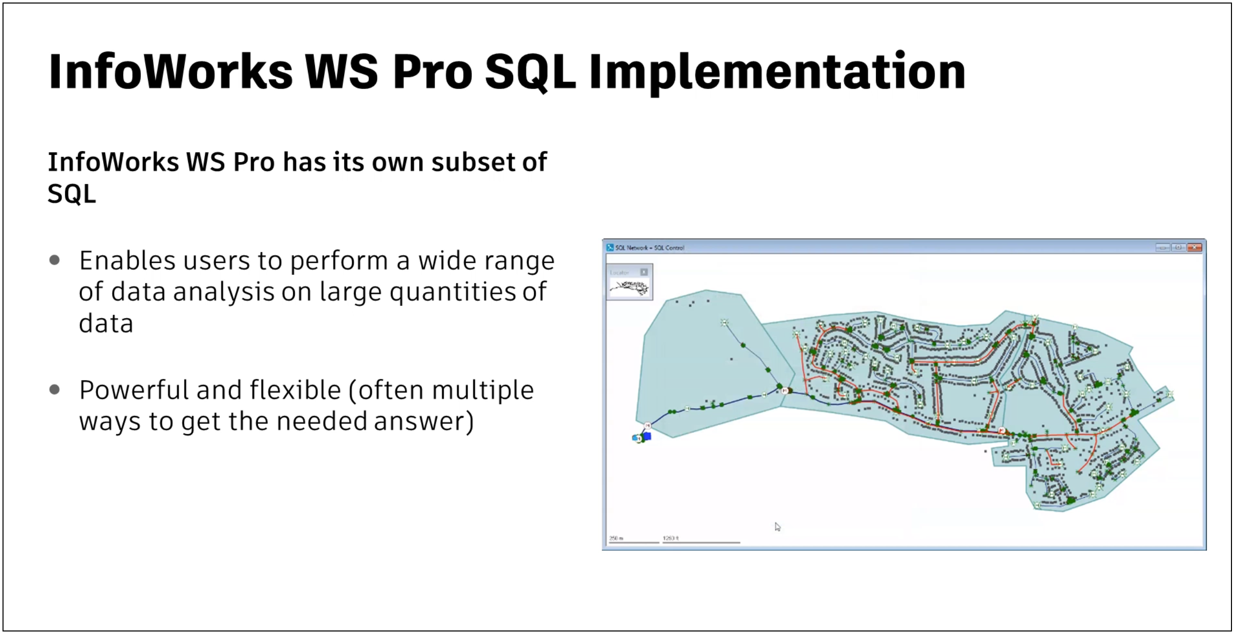 A presentation slide describing SQL implementation in InfoWorks WS Pro as flexible and powerful for performing a wide range of data analysis, with an image of a GeoPlan displaying SQL results.