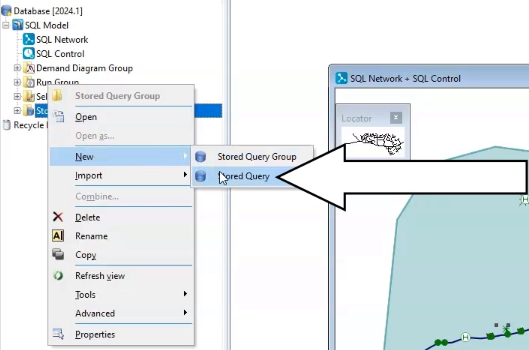 In the InfoWorks WS Pro Model Group, the Stored Query Group shortcut menu with New selected, and in the flyout, Stored Query selected.