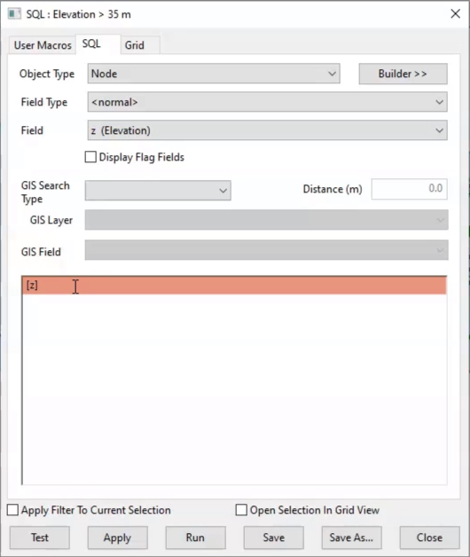 The SQL dialog with z Elevation selected in the Field drop-down, and in the text box, “z” auto-populated and highlighted.