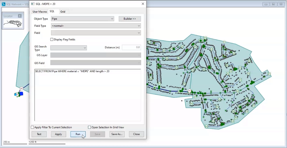 The SQL dialog box with the MDPE > 20 selection query entered and Run selected.