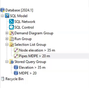 In the Model Group, the Pipes MDPE > 20 selection list appears under the Selection List Group.