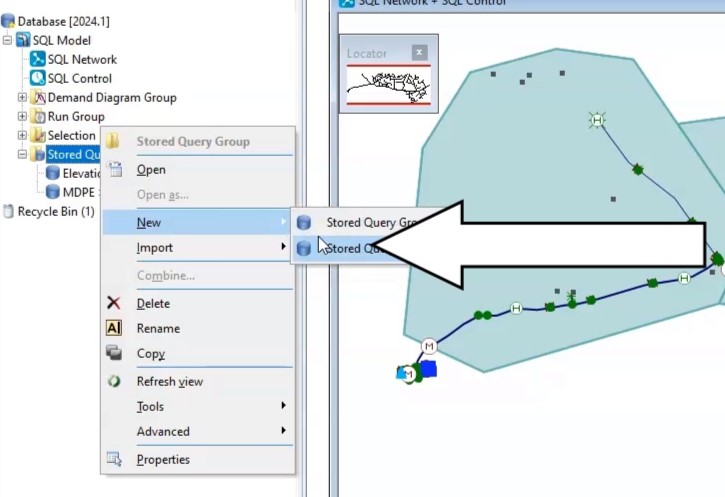 In the Model Group, Stored Query shortcut menu, New>Stored Query are selected.