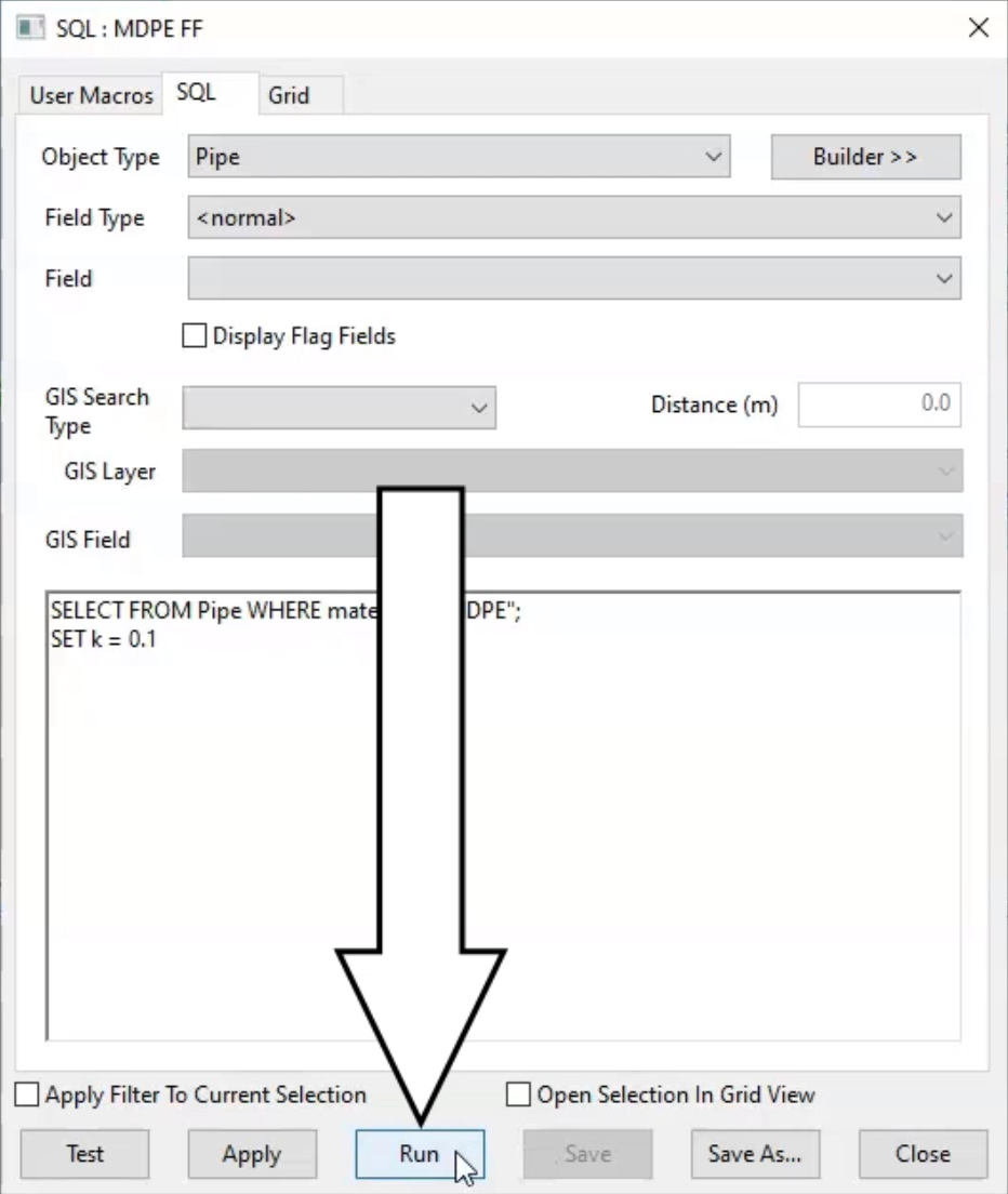 The SQL dialog box with the MDPE > 20 selection query entered and Run selected.