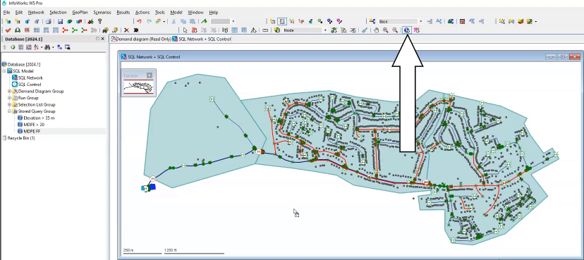 On the Tools toolbar, the Properties tool is selected and called out, and on the GeoPlan, the MDPE pipes are selected.