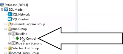 In the InfoWorks WS Pro Model Group, Run Group and Baseline are expanded and SQL Control is called out and being selected.