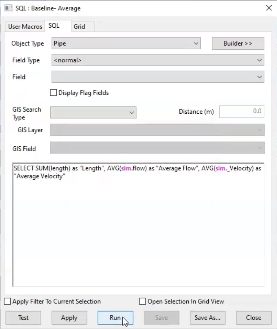 In the SQL dialog box, the Baseline- Average SQL query is entered in the text box, and Run is selected.