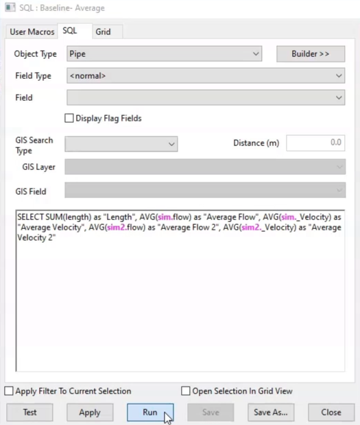 In the SQL Baseline- Average dialog box, the extended script for the query is entered in the text box, and Run is selected.