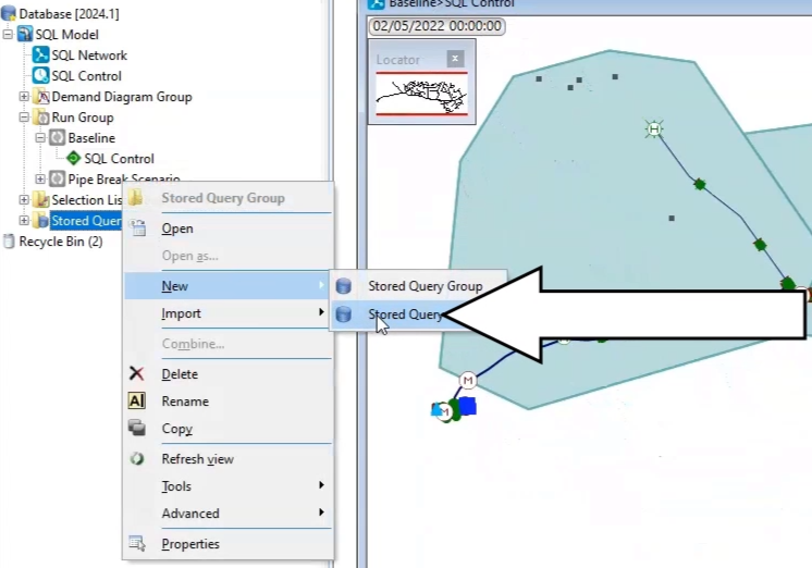 In the Model Group, Stored Query shortcut menu, New is selected, and in the flyout, Stored Query is selected and called out.