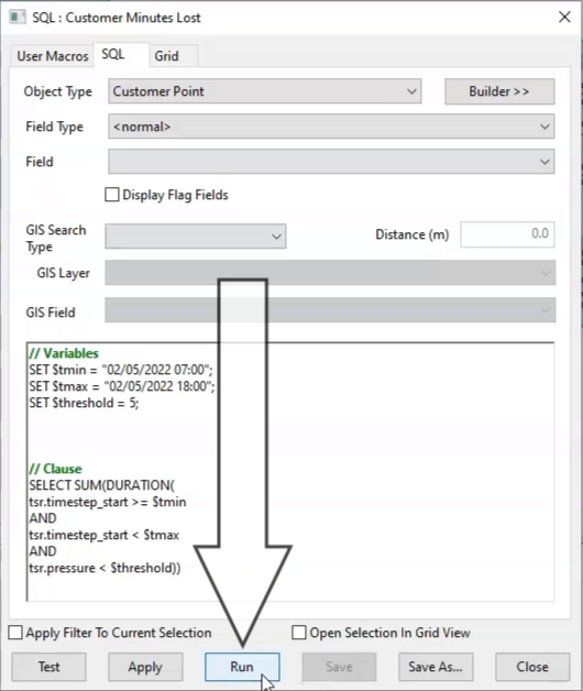 In the SQL: Customer Minutes Lost dialog box, the SQL query is entered in the text box and Run is selected.