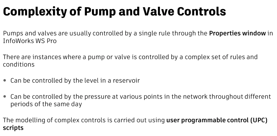 A presentation slide displays instances where a pump or valve is controlled by a complex set of rules and conditions using UPC scripts.