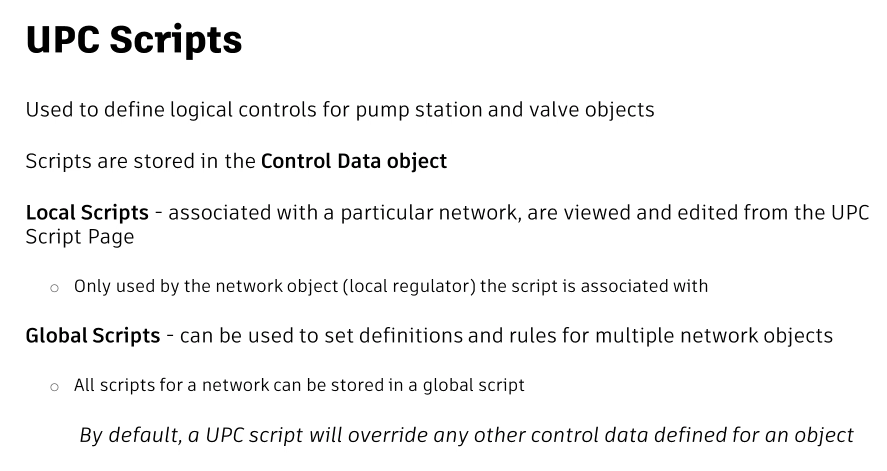 A presentation slide describes the purpose of UPC scripts and the two different script types, local and global.