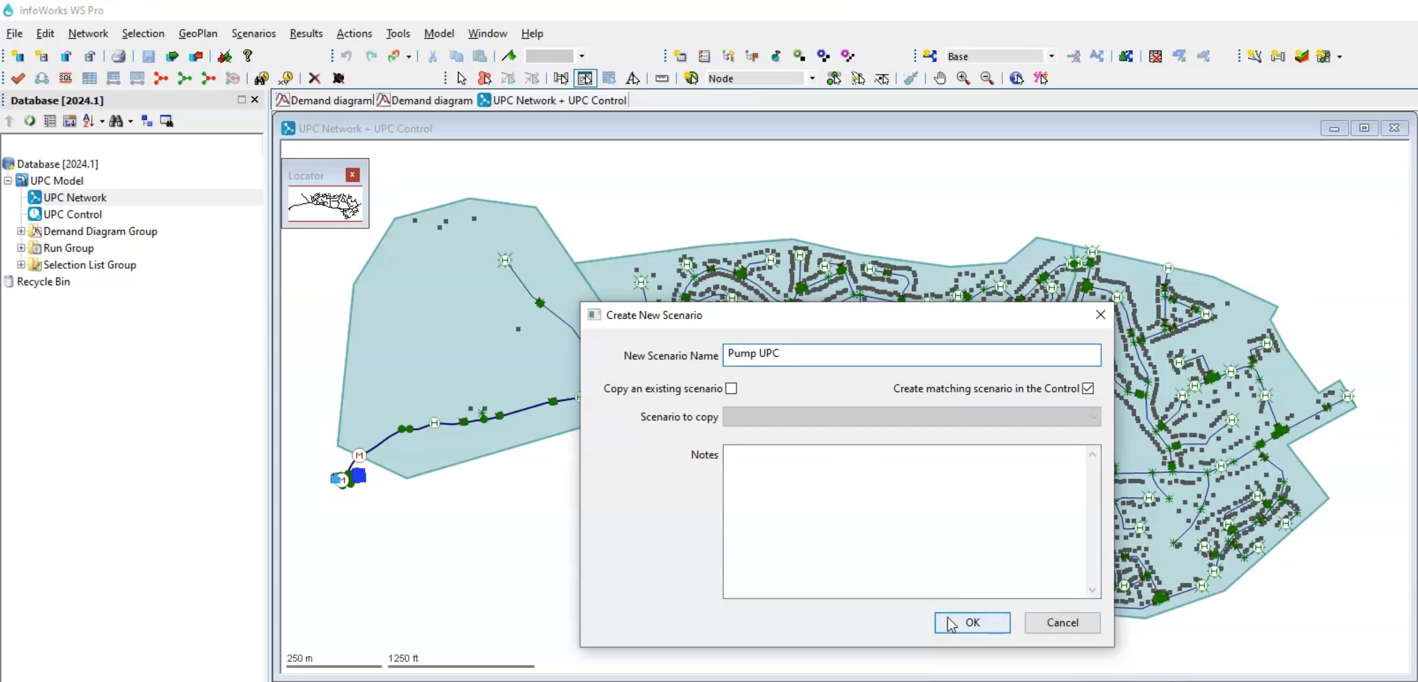 In the InfoWorks WS Pro interface, the Create New Scenario dialog box with options configured for the Pump UPC scenario; and in the GeoPlan, the UPC Network and UPC Control open.