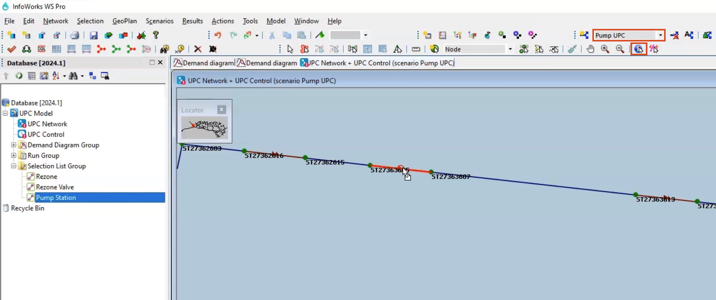 In the Scenarios toolbar, Pump UPC appears and is highlighted, the Properties tool is highlighted, and on the GeoPlan, the pump station is being selected.