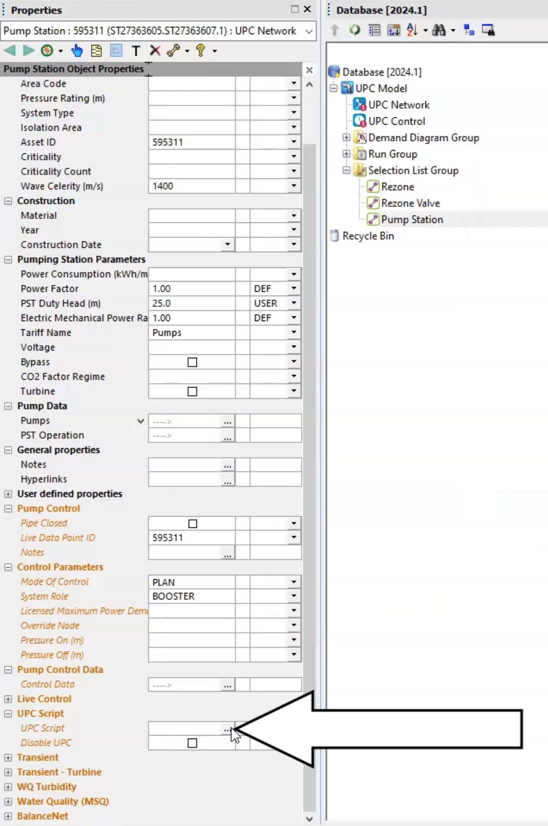 In the Properties window of the pump station, the UPC script menu is expanded, and More is highlighted.