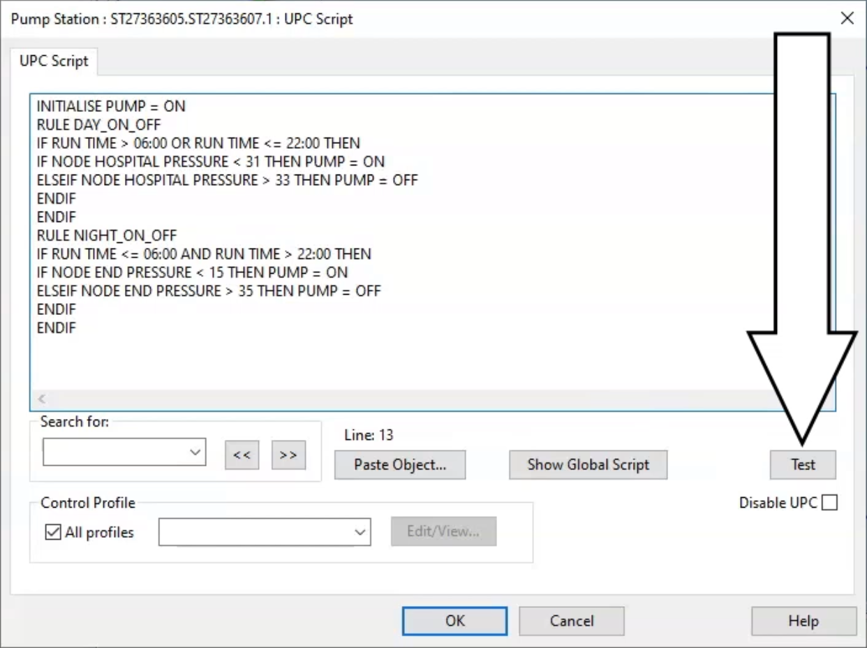 The UPC script dialog box with the lines of code added, and the Test button called out.