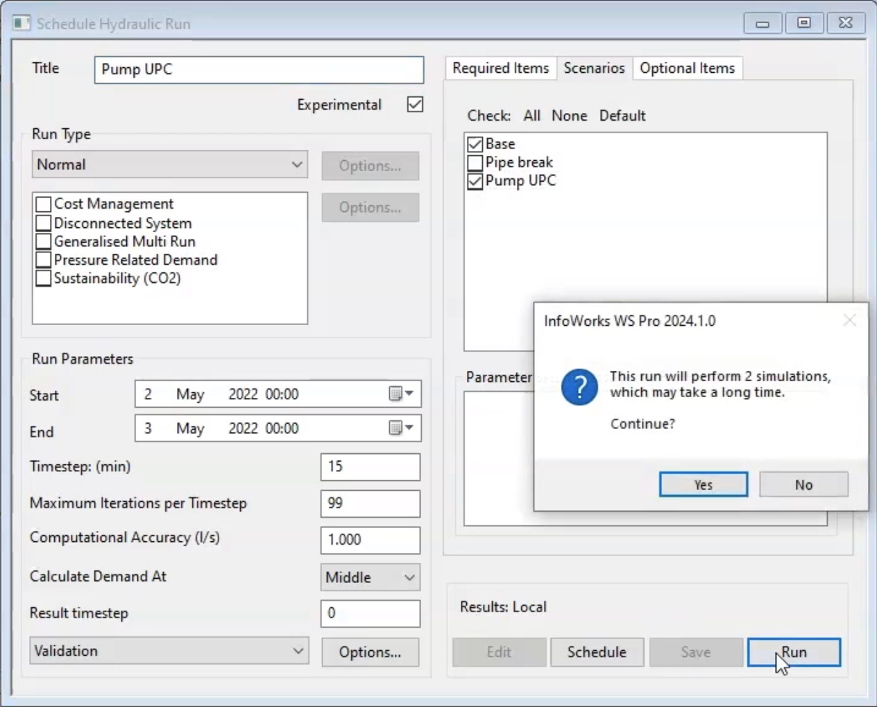 In the Schedule Hydraulic Run dialog box, the Base and Pump UPC scenarios are enabled, Run is selected, and a notification popup appears.