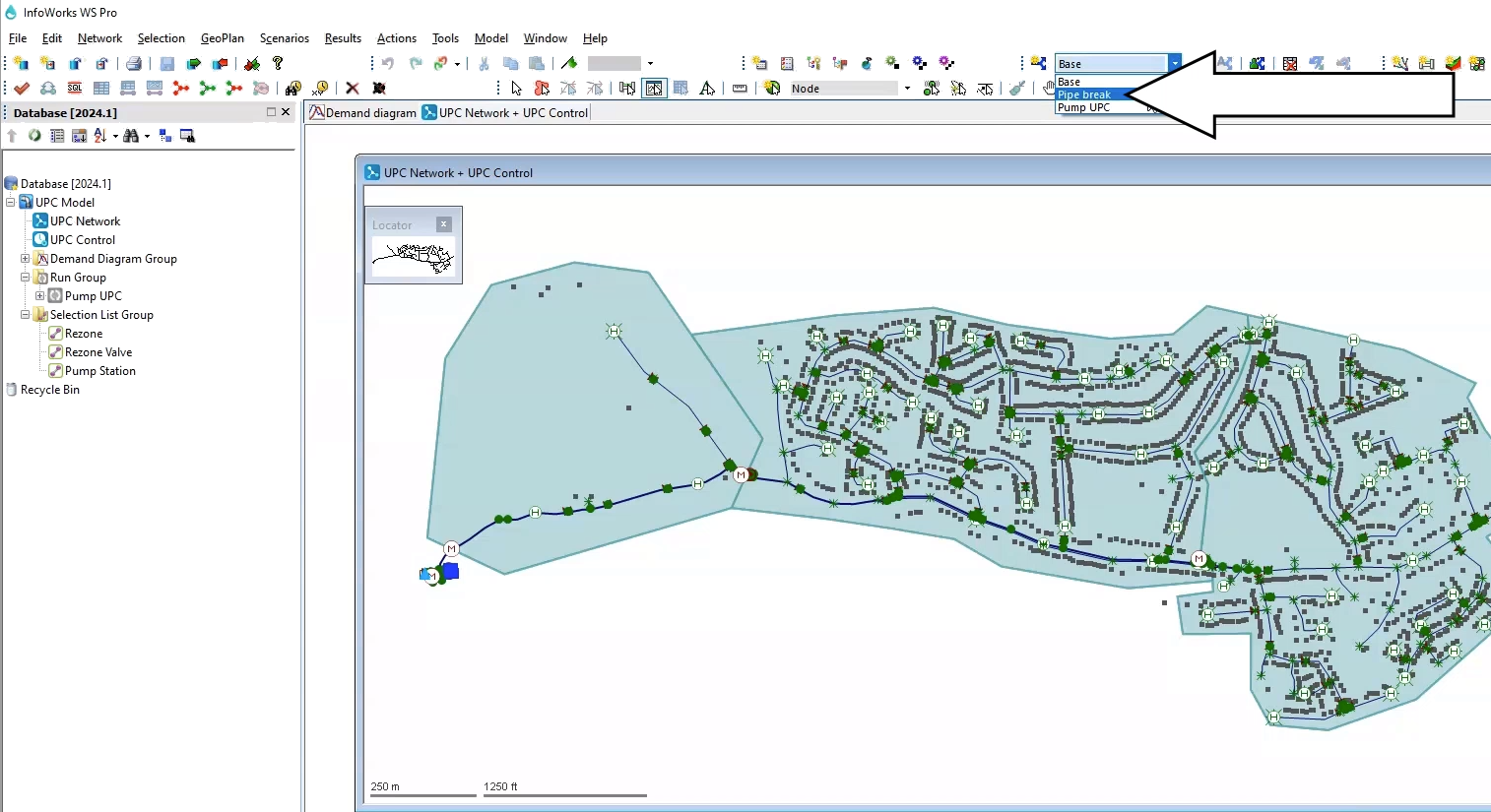 The InfoWorks WS Pro interface with the UPC Network and UPC Control open in the GeoPlan and in the Select scenarios drop-down, the Pipe break scenario selected.