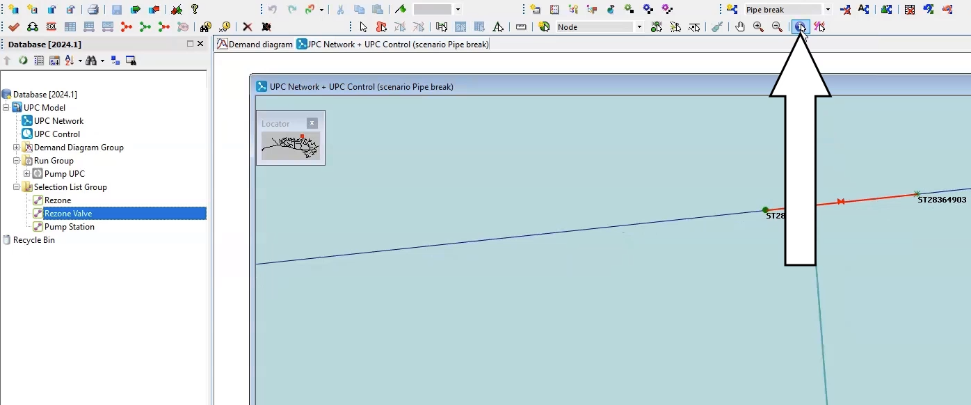 In the Tools toolbar, the Properties tool selected and called out, and in the GeoPlan, the Rezone Valve selection loaded with the rezone valve selected.